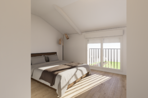 Chambre rénovée avec lit et fenêtre à volets
