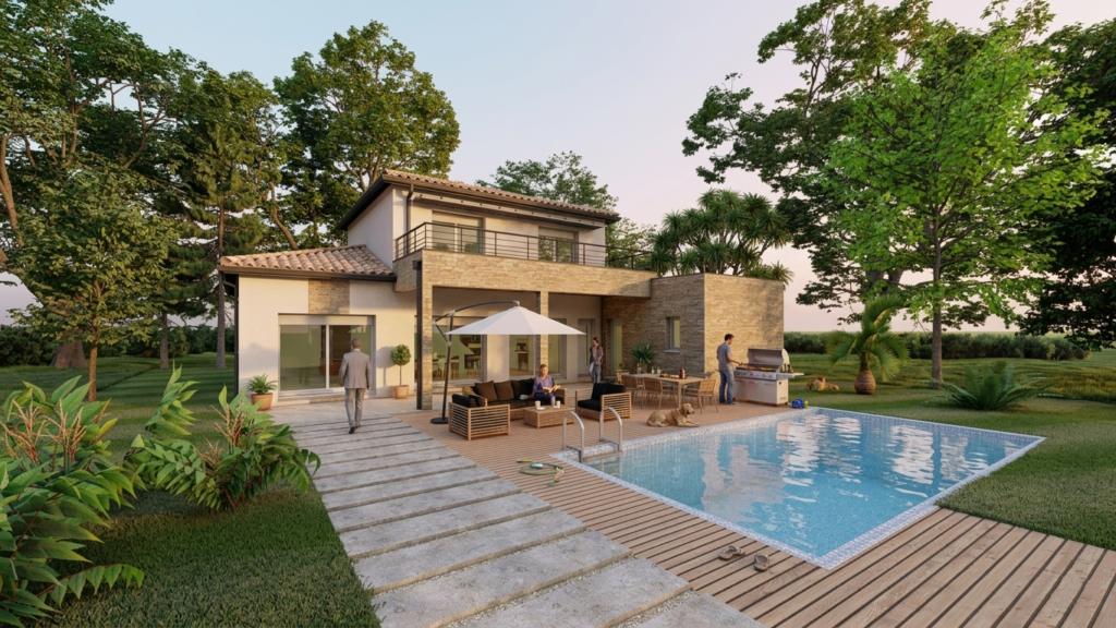 Rendu 3D d'une villa de plain-pied avec piscine et terrasse en bois