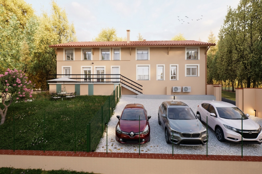 Rendu 3D d'une maison à étage avec stationnement en épi et clôture