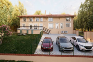 Rendu 3D d'une maison à étage avec stationnement en épi et clôture