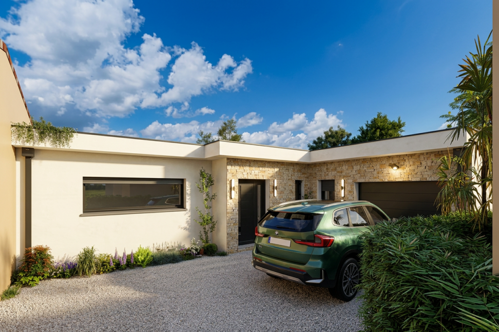 Rendu 3D d'une maison de plain-pied avec carport