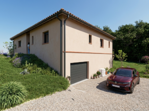 Rendu 3D d'une maison à étage avec garage sur terrain en pente