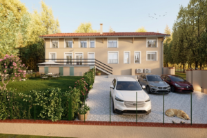 Rendu 3D d'une maison à étage avec stationnement et clôture sur rue