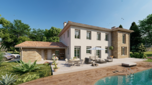 Rendu 3D d'une maison à étage avec piscine, terrasse et pool house