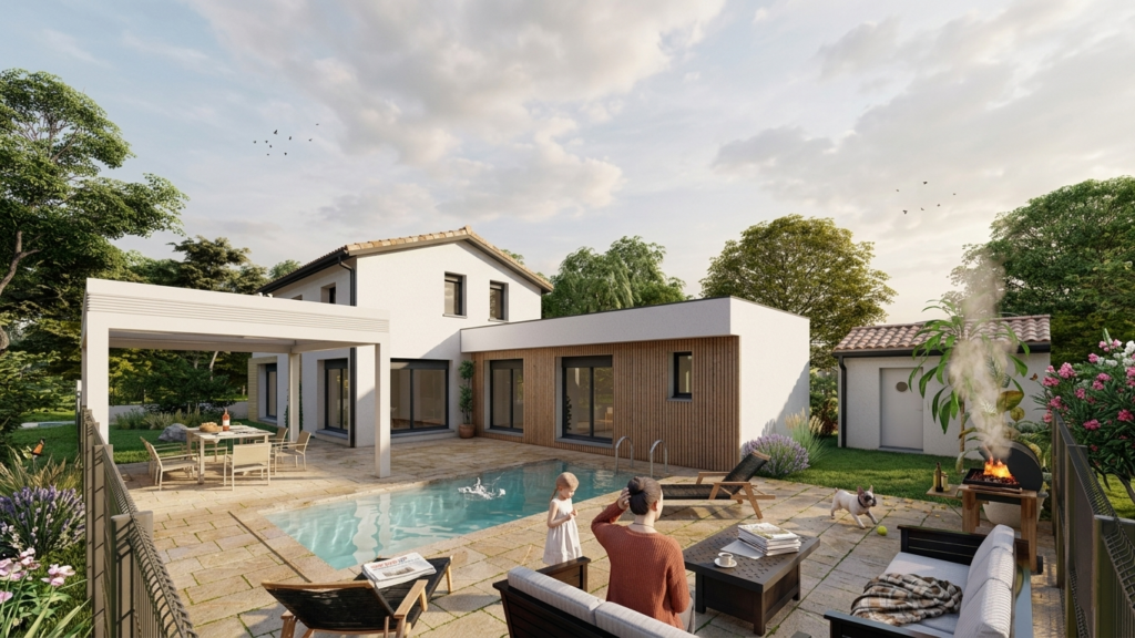 Rendu 3D d'une maison contemporaine de plain-pied avec piscine et brasero