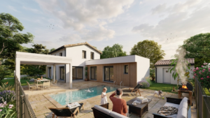 Rendu 3D d'une maison contemporaine de plain-pied avec piscine et brasero