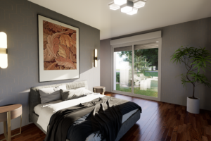 Chambre contemporaine avec tête de lit et baie vitrée