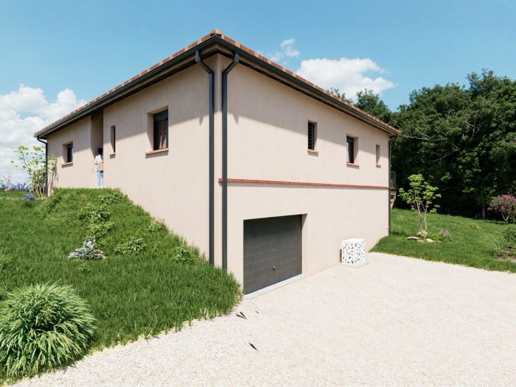 Maison neuve avec terrasse, perspective 3D