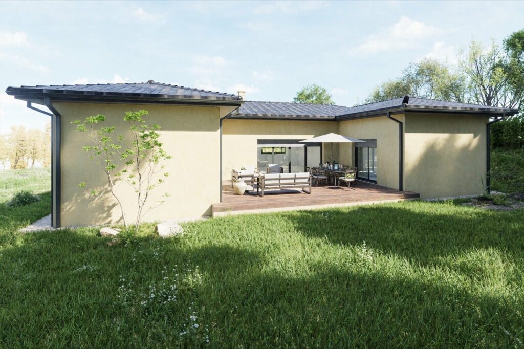 Maison à étage avec bardage bois, rendu 3D