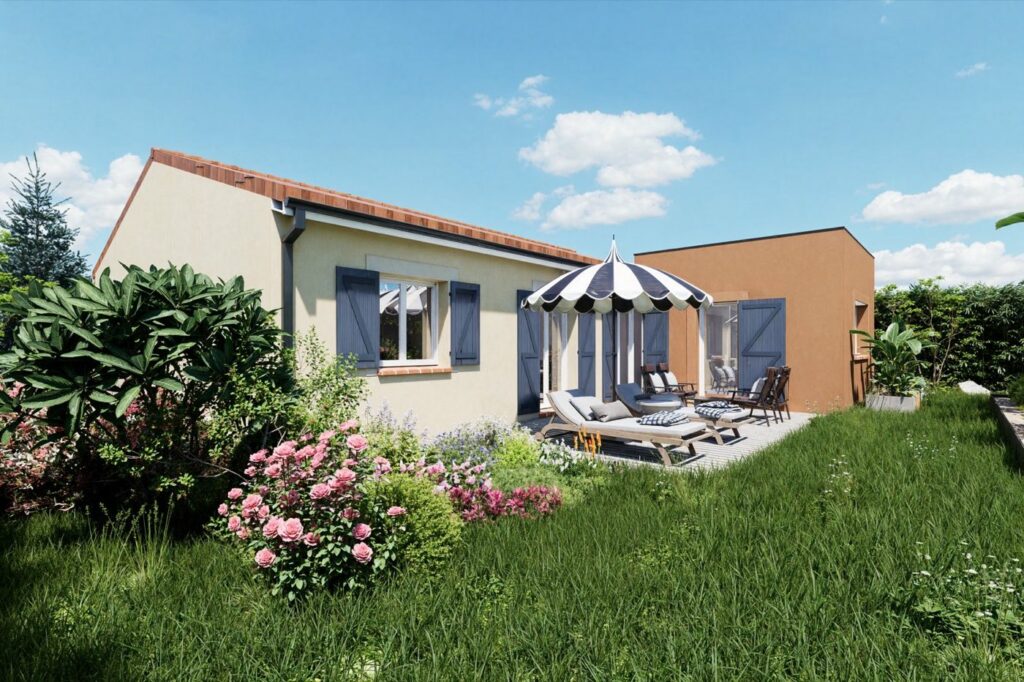 Maison de plain-pied avec pergola, rendu 3D